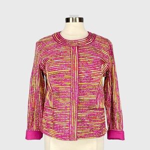 Chicos Womens Pink Floral Stripe Blazer Jacket Button Front Pockets size Medium